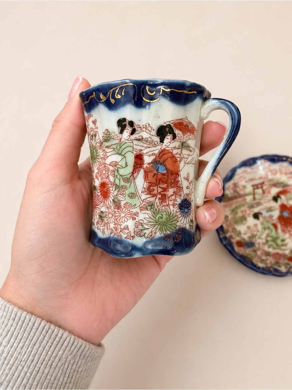 5 / $40 Vintage 1950s Japanese Geisha Tea Cup & Plate Porcelain Set Blue - Picture 3 of 5